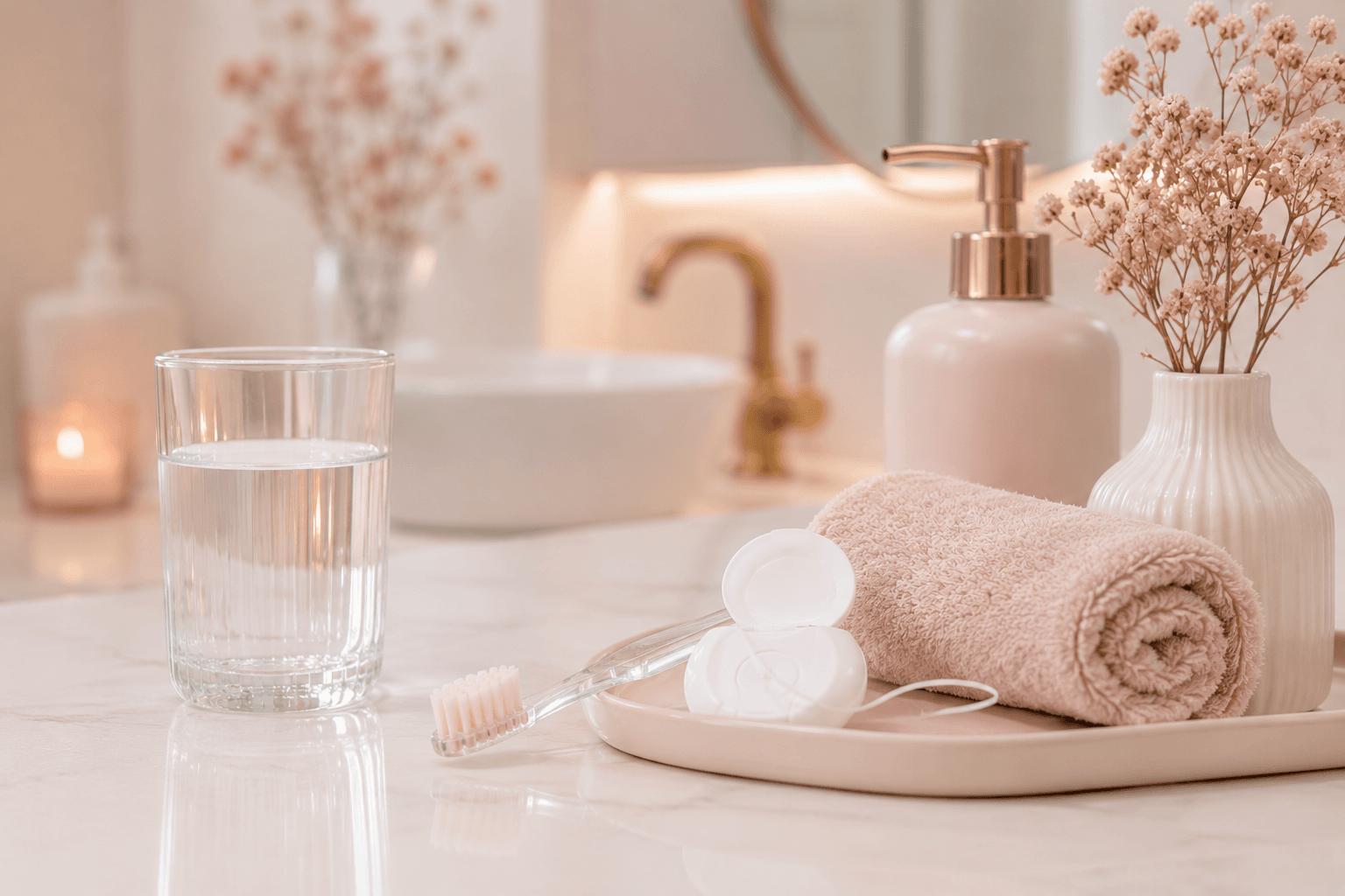 A calm bathroom counter with a toothbrush, dental floss, a glass of water and a rolled towel